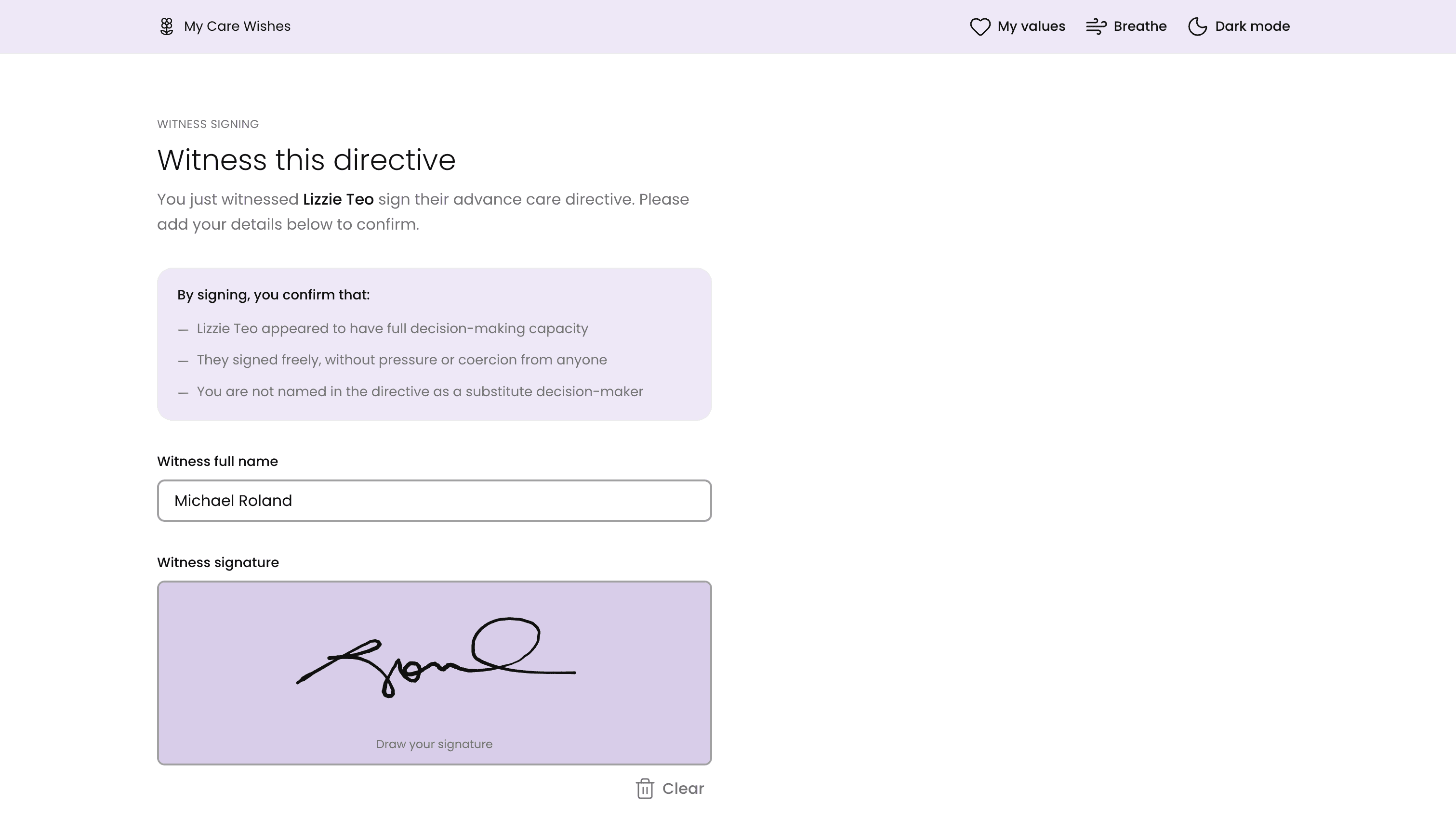 The Witness this directive page on desktop: what the witness confirms by signing, then their full name and drawn signature filled in