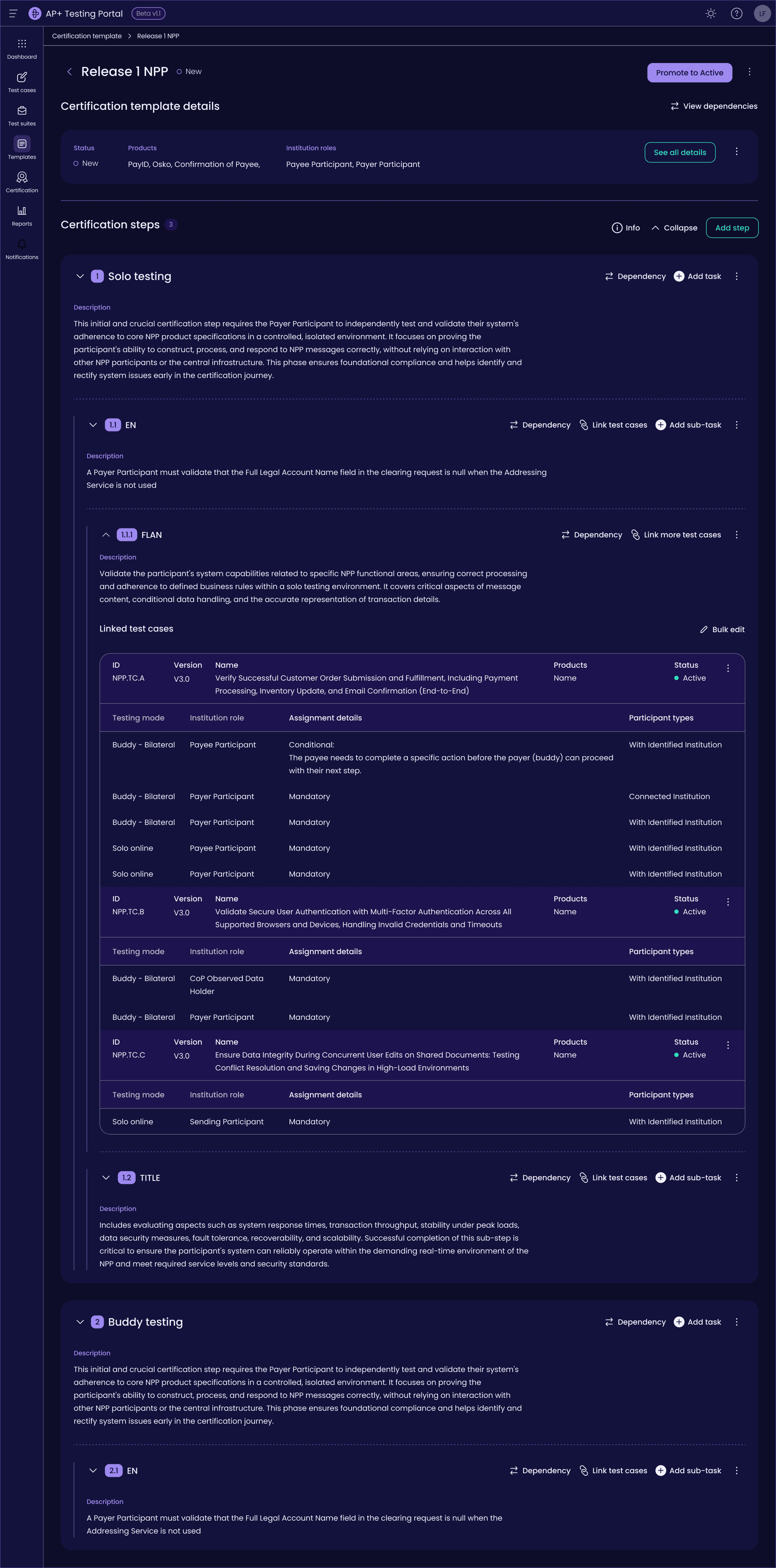 The same certification workflow builder in the portal's dark theme.