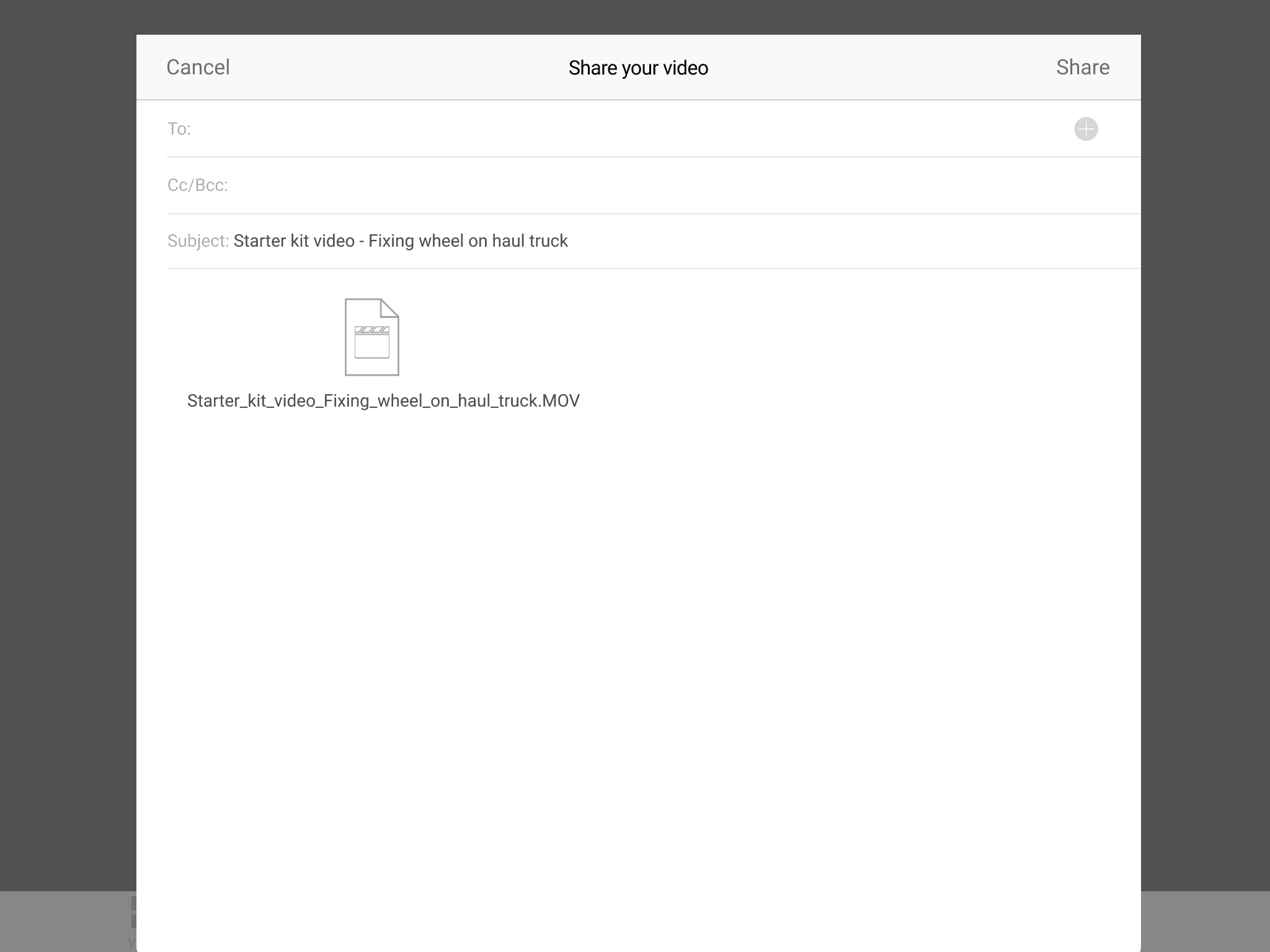 Starter Kit share screen on an iPad, with the pop up “Your video has been shared”
