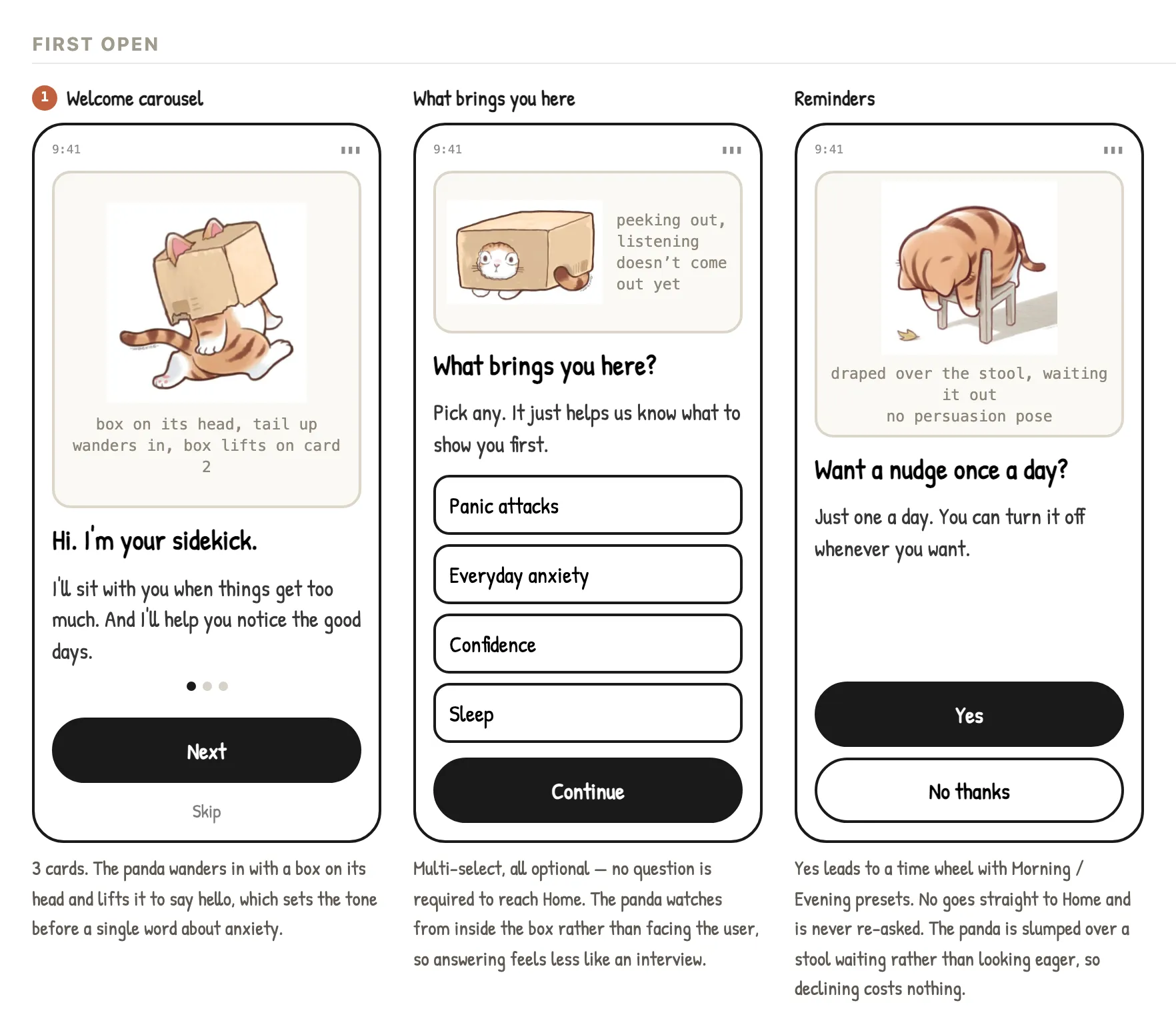 First open wireframes: welcome, what brings you here, and reminders, with no account step