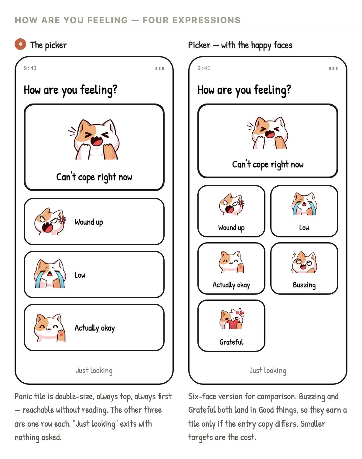 Early wireframe of the feeling picker: the panic face first and double size, three faces below