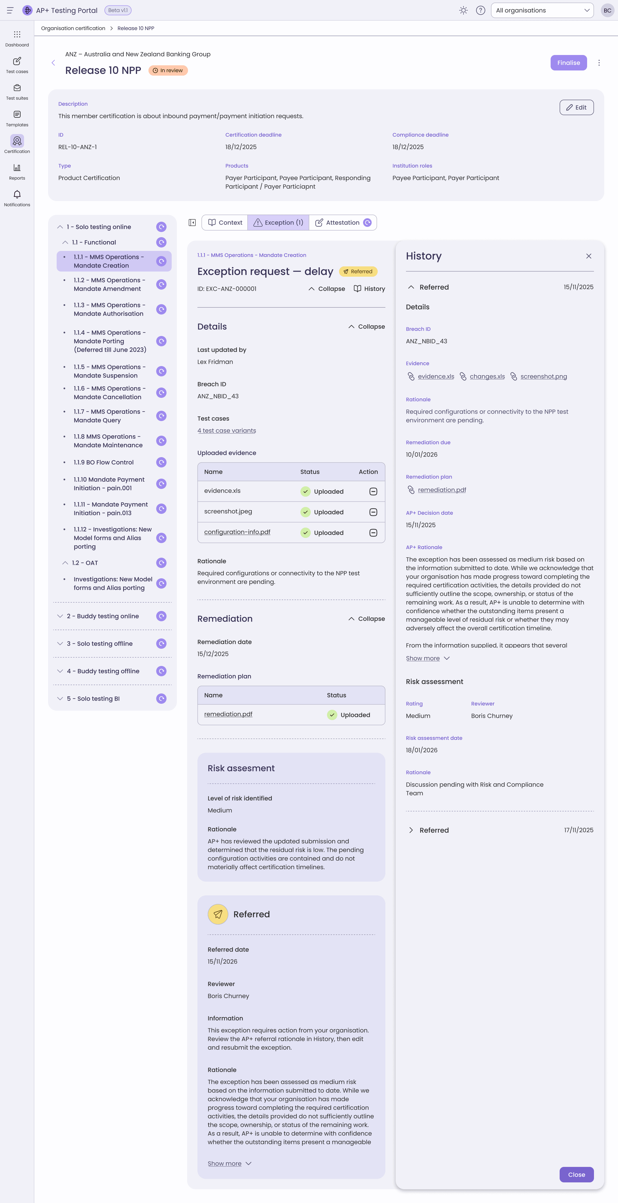 The change history of an exception opened alongside the record, showing every revision and comment in order.