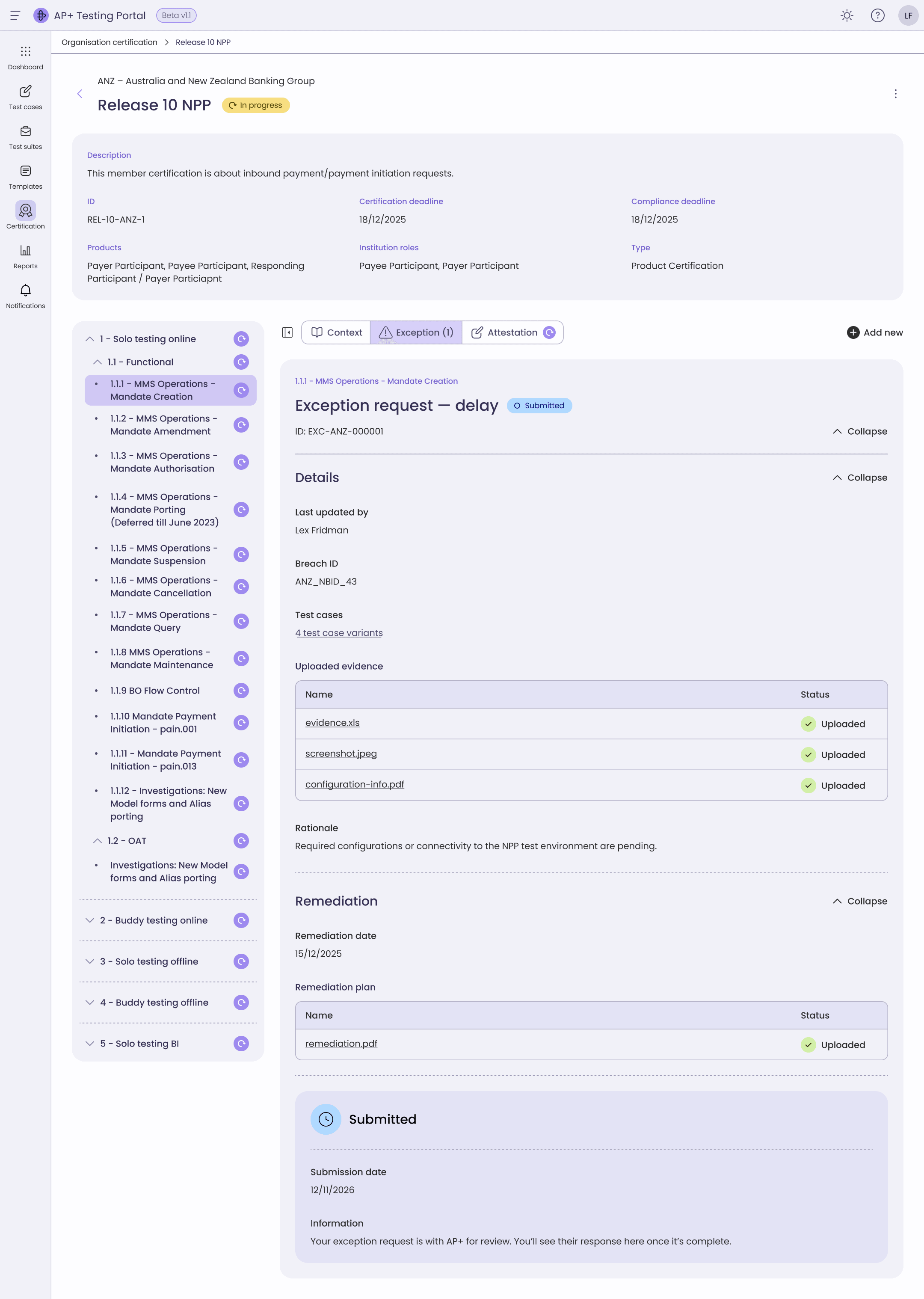 A submitted exception in the AP+ Testing Portal, with its type, breach ID, evidence and rationale held beside the test case it was raised against.