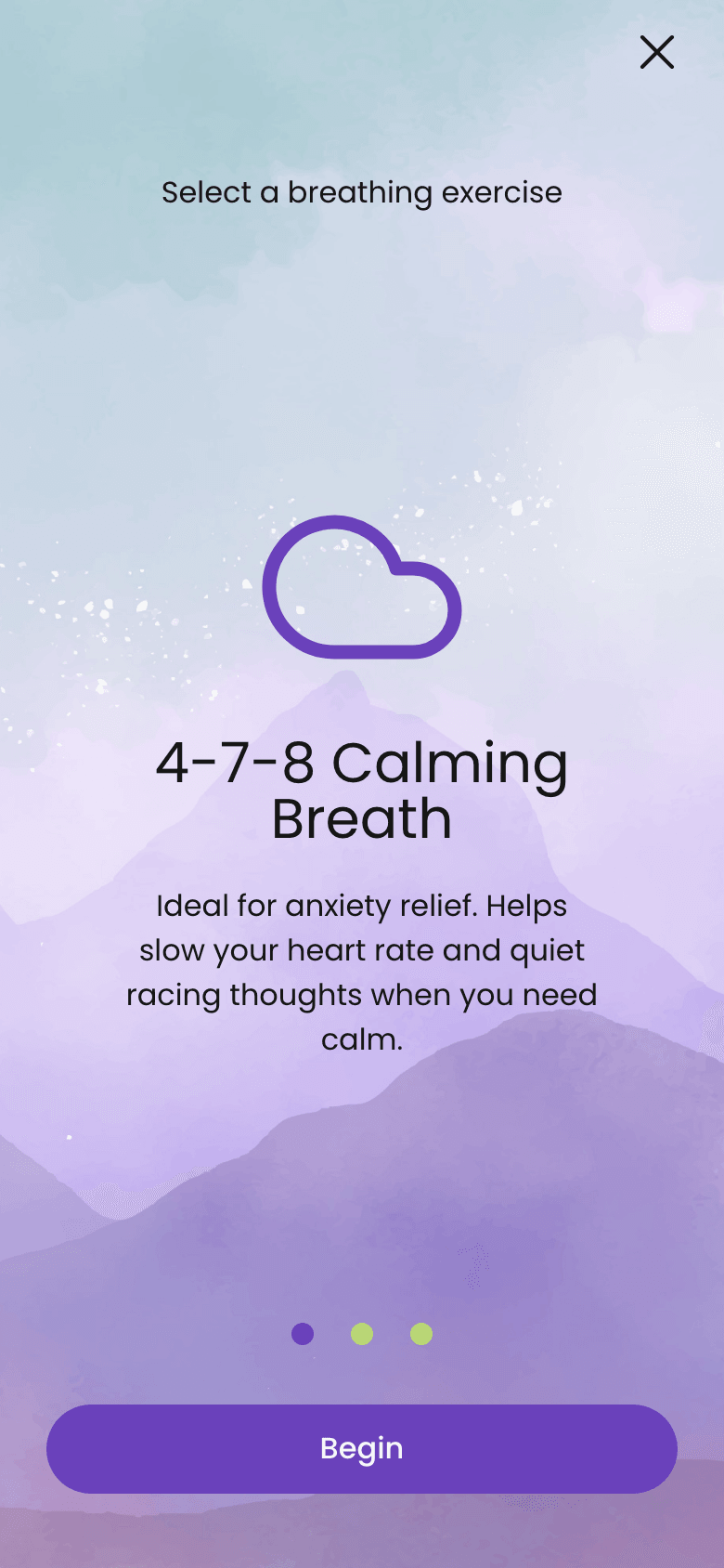 The breathing exercise on a phone, opened from Breathe in the top bar, with three patterns to pick from.