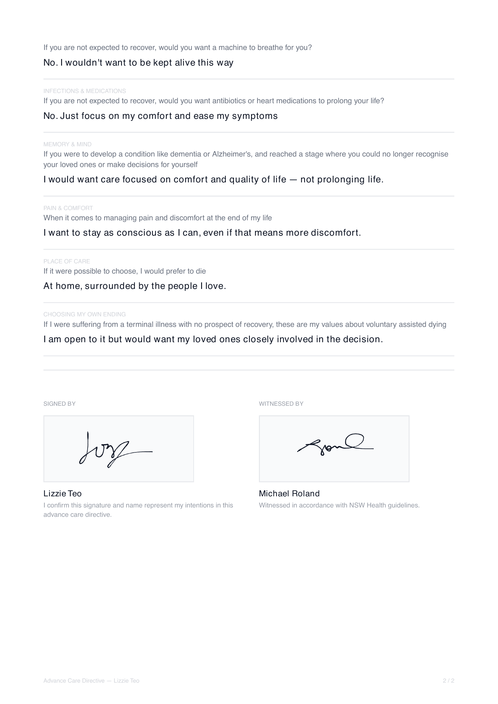 Page two of the same PDF: the remaining wishes, then the signer's and the witness's signatures side by side