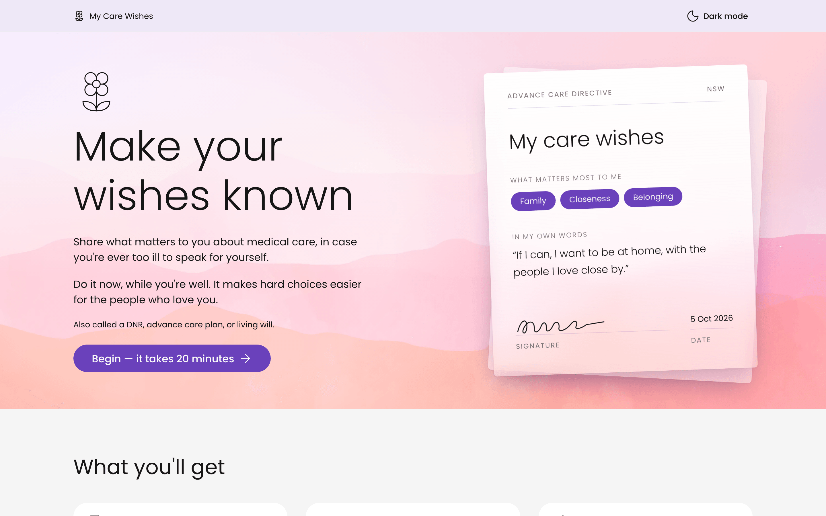 The My Care Wishes home page: Make your wishes known, beside a sample care wishes card.