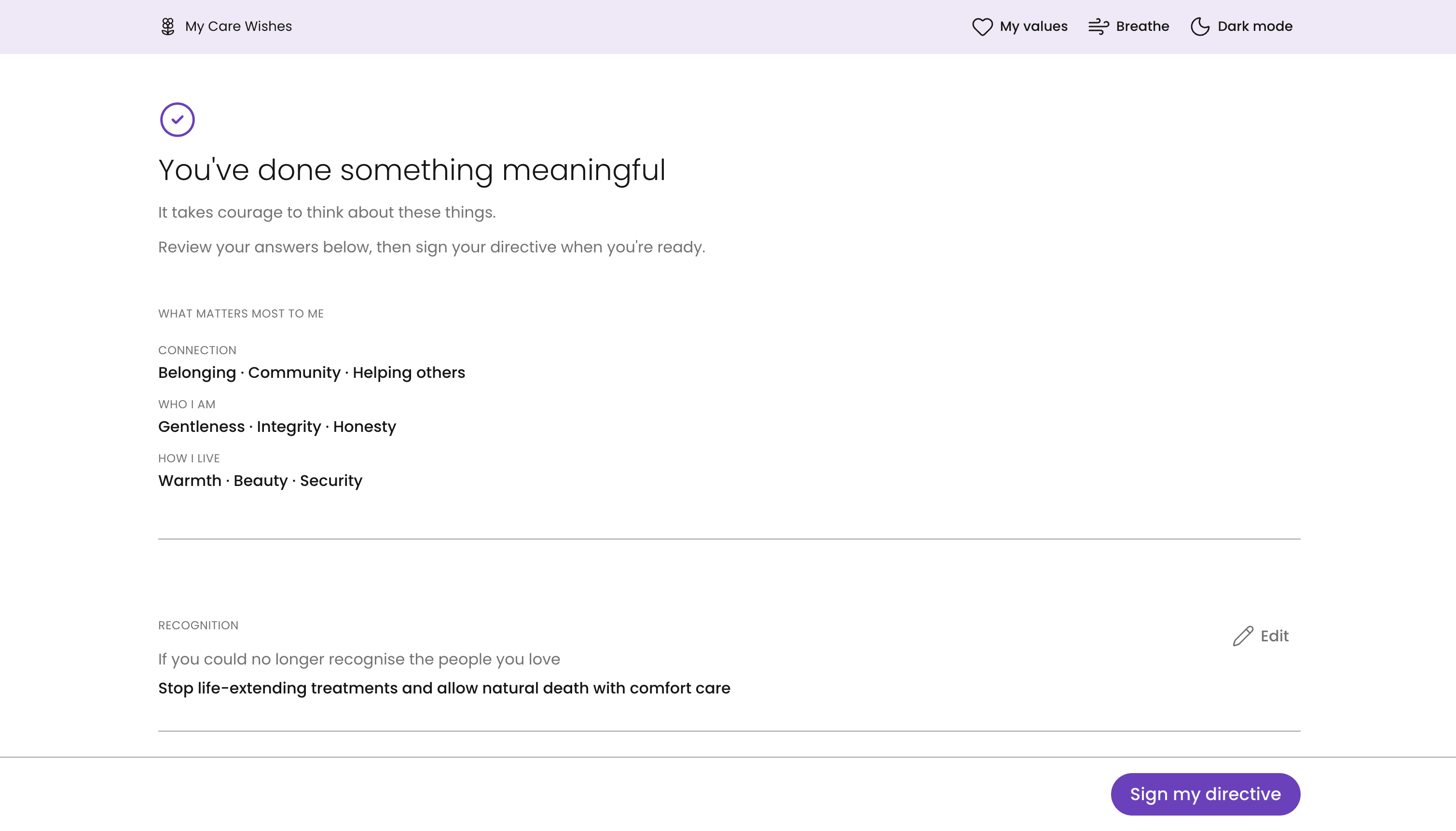 The review page, You've done something meaningful, listing the chosen values and answers before signing.