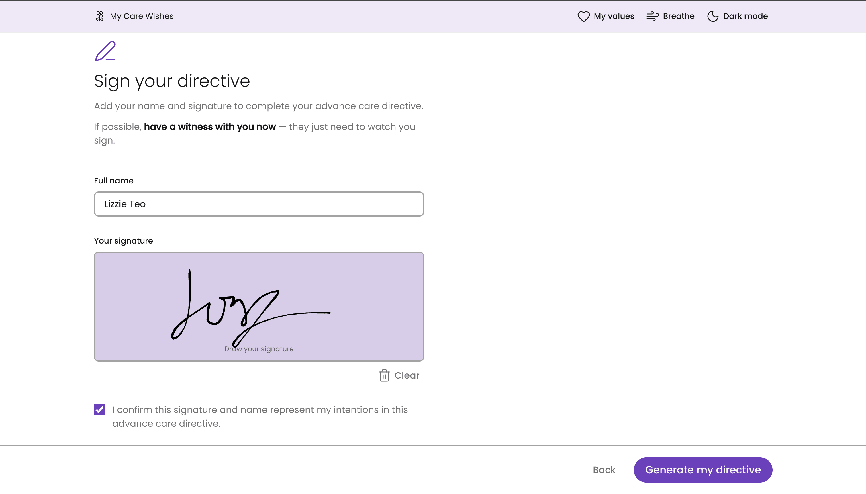 Sign your directive: a full name, a drawn signature and a confirmation tick, ready to generate the directive.