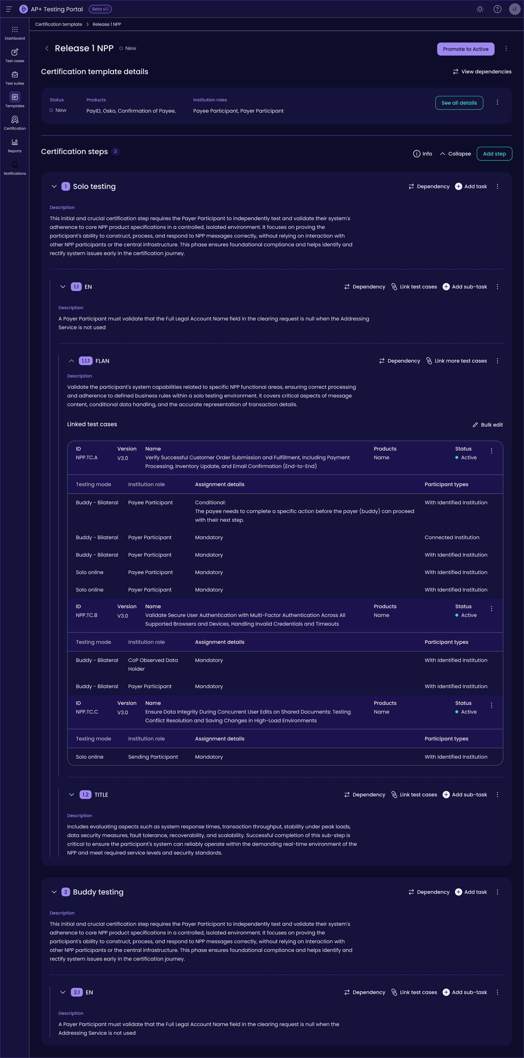 The same certification workflow builder in the portal's dark theme.