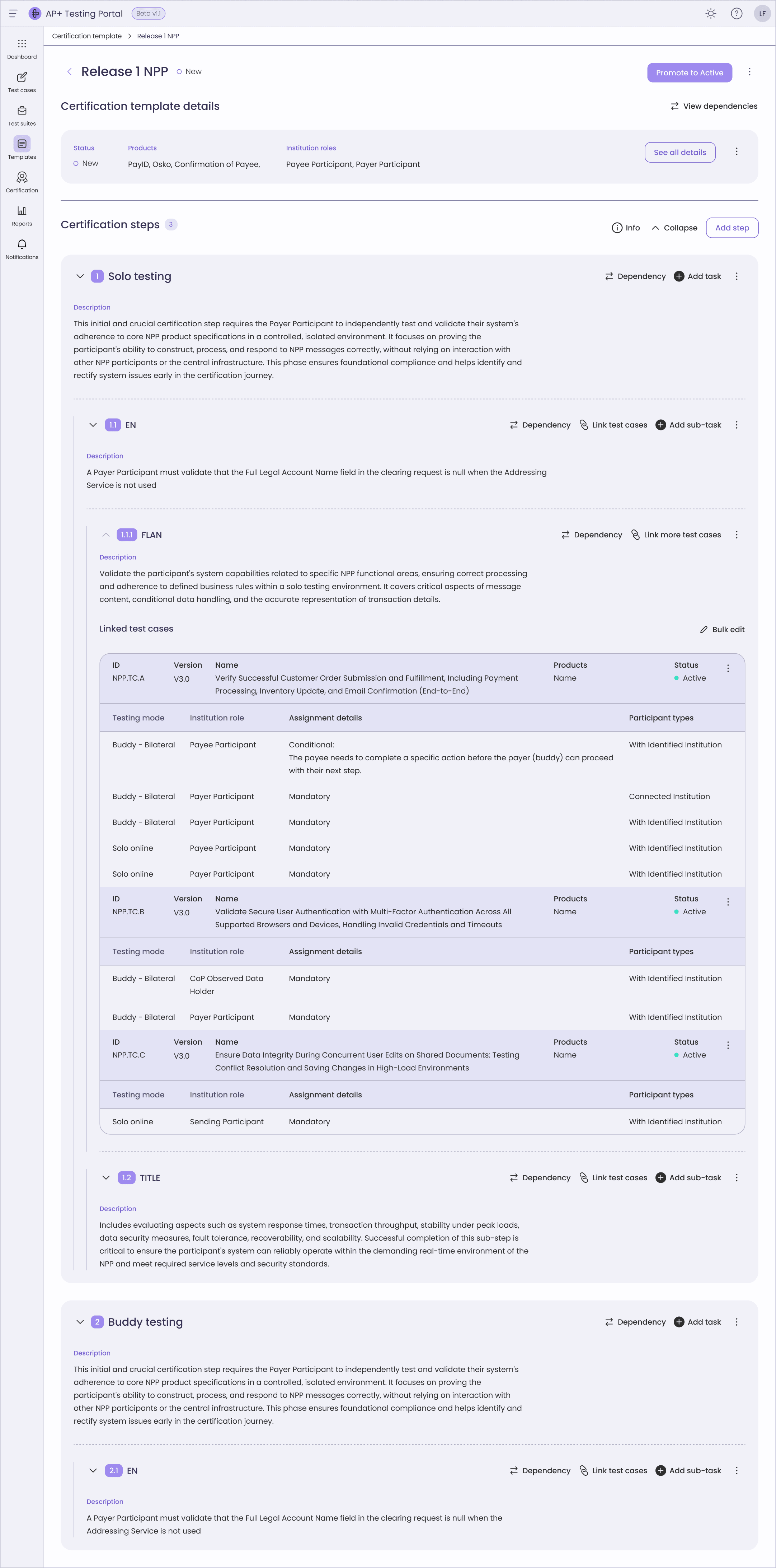 The certification workflow builder, light theme: a workflow template with its ordered steps, linked test cases and the fields a tester sets for each one.