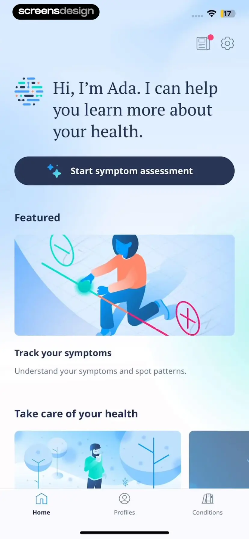 Ada Symptom Check home screen: 'Hi, I'm Ada. I can help you learn more about your health' above a 'Start symptom assessment' button