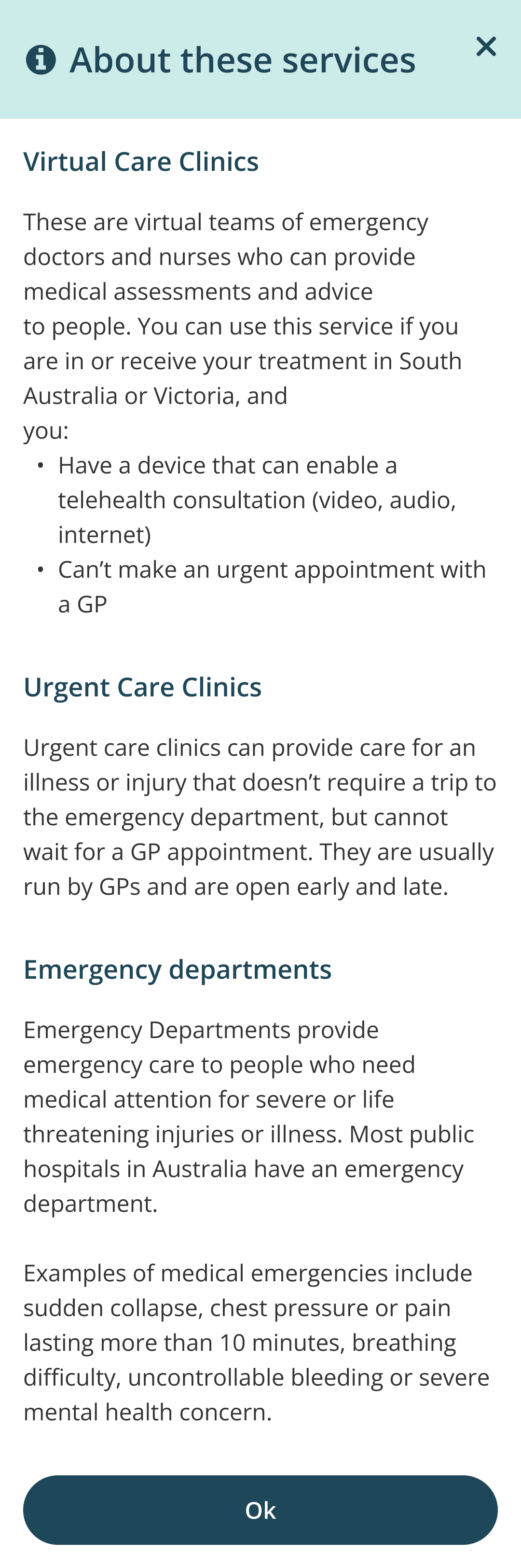 The original panel, titled 'About these services', shown whole: Virtual Care Clinics, Urgent Care Clinics and Emergency Departments each described in a flat paragraph and a bullet list, one after another.