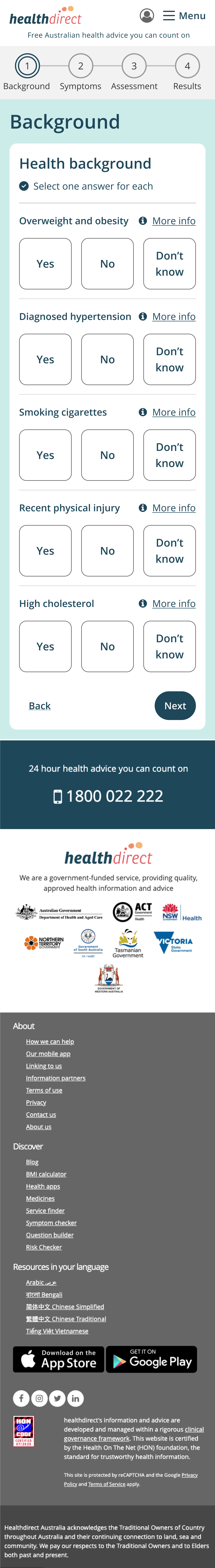 The Background step on mobile with a four-stage progress stepper and health background questions, each answerable in one tap