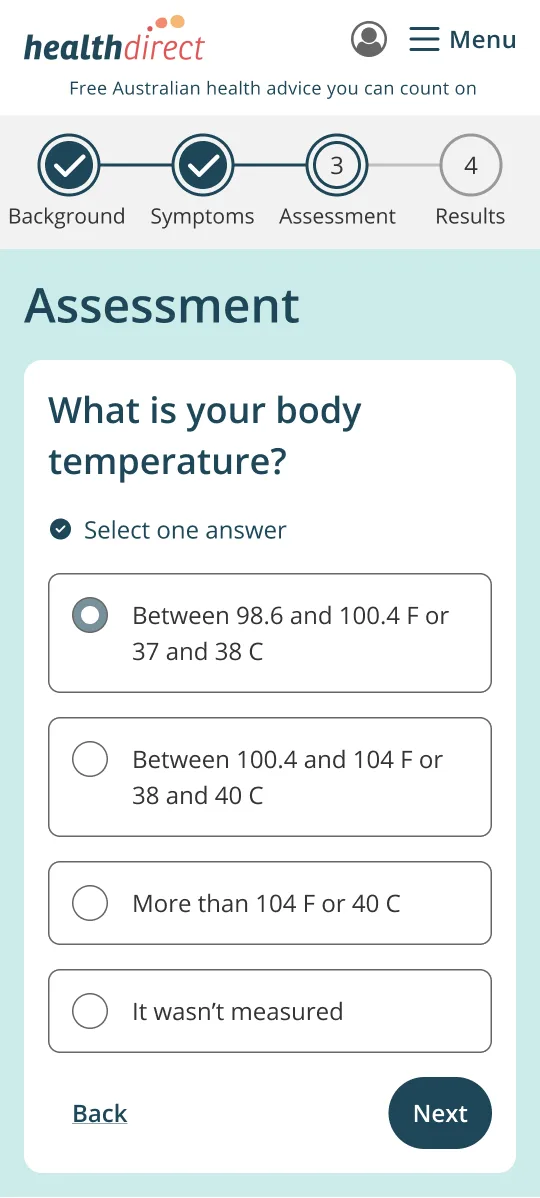 The Assessment step on a phone: What is your body temperature, with four answer options and Back and Next.