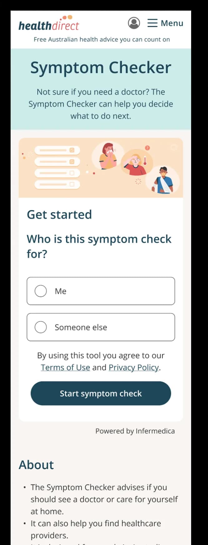 The Symptom Checker start screen on a phone, asking who the symptom check is for, with Me and Someone else as choices.