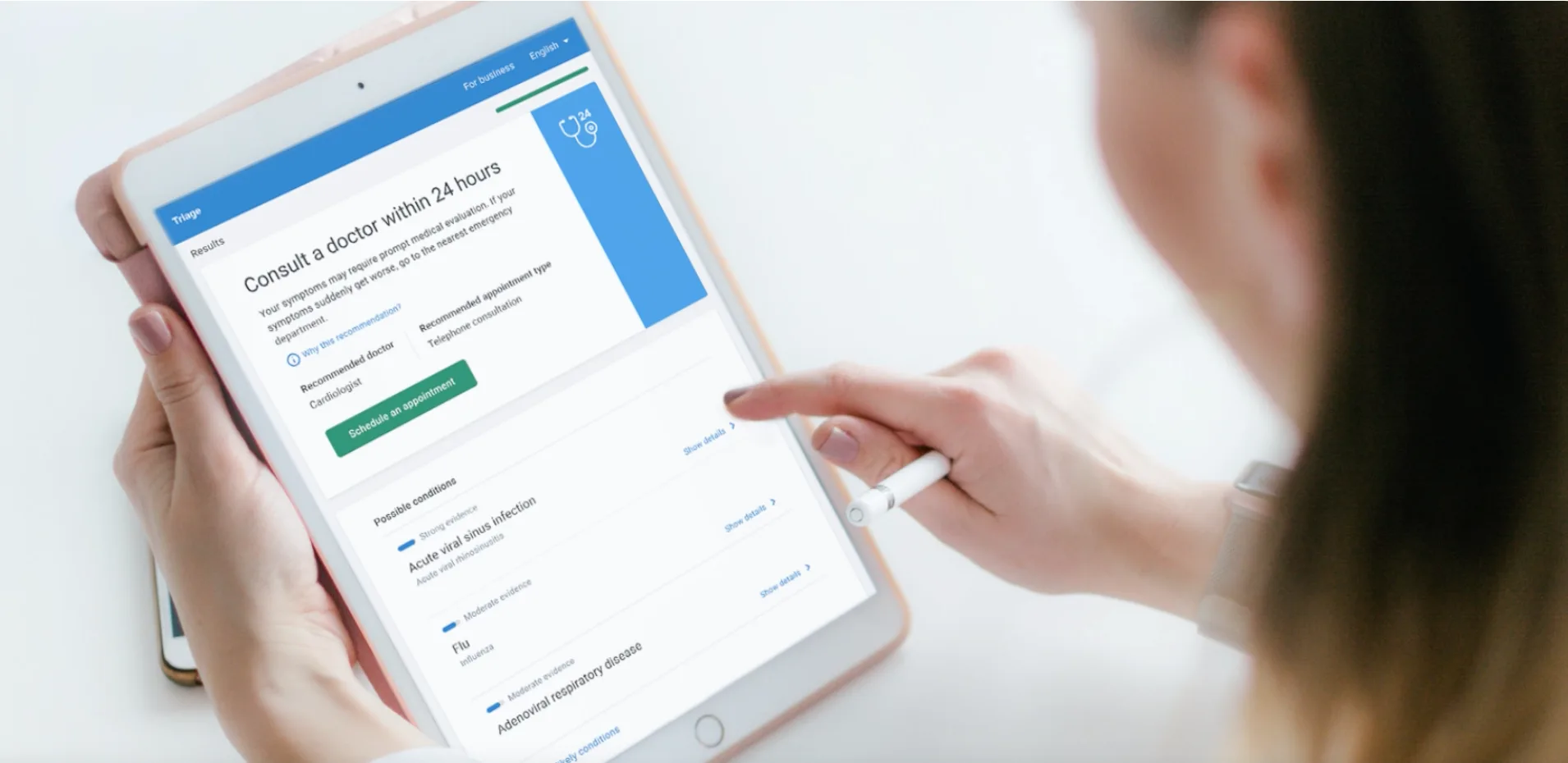 Infermedica triage results on a tablet: a 'Consult a doctor within 24 hours' recommendation above a list of possible conditions