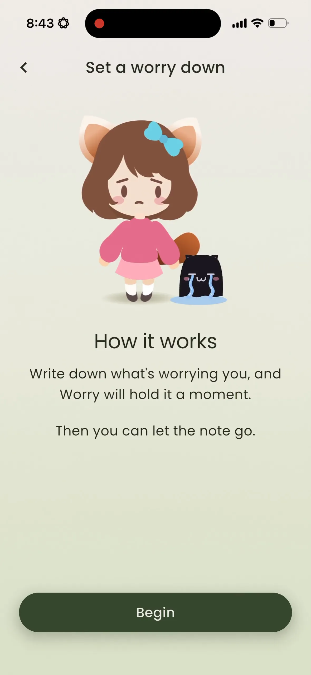 Michi: Typing a worry, handing it to Worry the little monster, letting the note go.